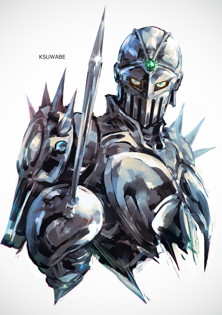 armor artist_name blue_eyes full_armor helmet holding jewelry jojo_no_kimyou_na_bouken k-suwabe knight looking_at_viewer no_humans rapier silver_chariot solo stand_(jojo) sword upper_body weapon white_background