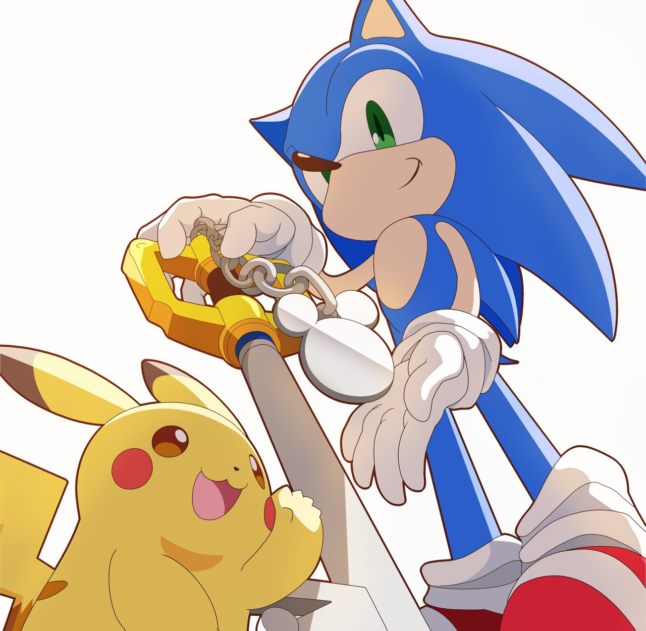 1boy animal_ears blue_eyes gloves green_eyes highres jewelry keyblade kingdom_hearts looking_at_viewer male_focus neru_(neruneruru) no_humans pikachu pokemon pokemon_(creature) shoes simple_background smile sonic_(series) sonic_the_hedgehog super_smash_bros. white_gloves