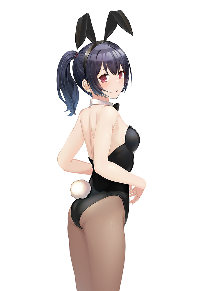 1girl :t animal_ears ass bangs bare_arms bare_shoulders black_hair black_hairband black_leotard black_neckwear blush bow bowtie breasts brown_legwear closed_mouth collar commentary_request detached_collar eyebrows_visible_through_hair fake_animal_ears hairband idolmaster idolmaster_shiny_colors leotard looking_at_viewer looking_back medium_breasts morino_rinze o_(rakkasei) pantyhose playboy_bunny ponytail rabbit_ears rabbit_tail red_eyes solo strapless strapless_leotard tail white_collar
