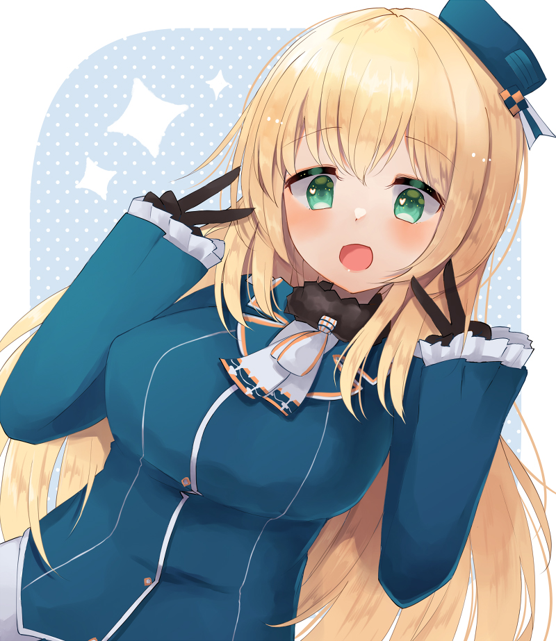 1girl atago_(kancolle) bangs black_gloves blonde_hair blue_headwear blush breasts double_v eyebrows_visible_through_hair frills gloves green_eyes hat hatomaru_(hatomaru56) kantai_collection large_breasts lokolokooo long_hair military military_uniform open_mouth simple_background solo sparkle uniform upper_body v