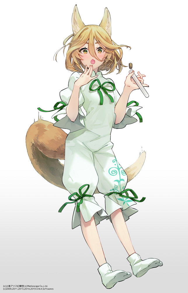 1girl :o animal_ears bangs blonde_hair blush bobby_socks bow commentary_request cork eyebrows_visible_through_hair eyes_visible_through_hair fox_ears fox_tail gradient gradient_background green_bow green_neckwear grey_background hair_between_eyes hand_up jumpsuit kudamaki_tsukasa looking_at_viewer open_mouth short_hair short_sleeves socks solo surprised syuri22 tail test_tube touhou white_jumpsuit white_legwear white_sleeves yellow_eyes