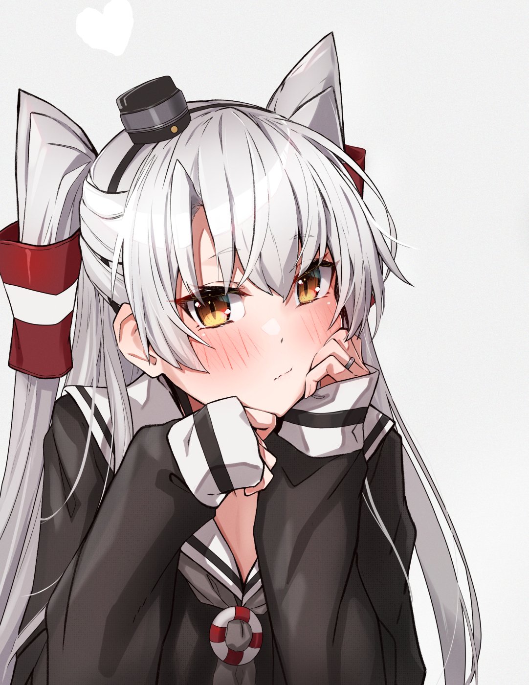 1girl amatsukaze_(kancolle) black_dress blue_eyes closed_mouth commentary dress eyebrows_visible_through_hair grey_hair hair_ornament hand_on_own_face highres jewelry kantai_collection long_hair long_sleeves ring sailor_collar sailor_dress solo takanashi_kei_(hitsujikan) two_side_up upper_body wedding_ring white_sailor_collar yellow_eyes