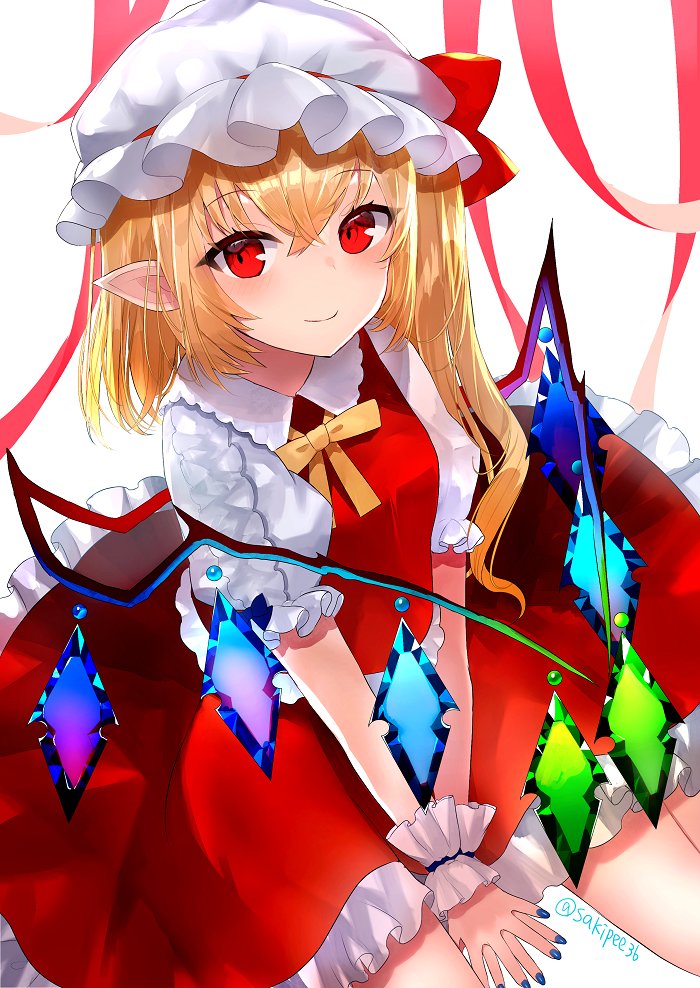 1girl bangs blue_nails blush bow breasts collared_shirt commentary_request crystal eyebrows_visible_through_hair flandre_scarlet frilled_skirt frills hands_on_ground hat hat_ribbon looking_at_viewer mob_cap nail_polish pointy_ears puffy_short_sleeves puffy_sleeves red_eyes red_ribbon red_skirt ribbon sakizaki_saki-p shirt short_sleeves side_ponytail simple_background sitting skirt small_breasts smile solo touhou twitter_username vampire white_background white_headwear wing_collar wings wrist_cuffs yellow_neckwear yellow_ribbon