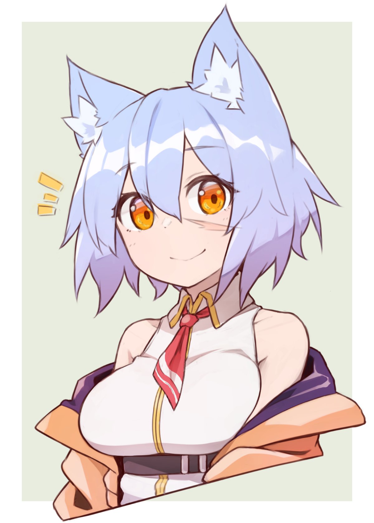 1girl ^^^ alternate_costume animal_ears blue_hair breasts cat_ears collarbone eyebrows_visible_through_hair highres large_breasts looking_at_viewer off_shoulder orange_eyes original ryota_tentei scar scar_on_cheek scar_on_face short_hair smile solo tora_tentei upper_body