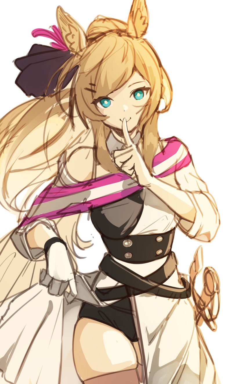 1girl animal_ear_fluff animal_ears arknights black_bow black_shirt black_shorts blonde_hair blue_eyes bow brown_legwear c: clothes_lift cowboy_shot ett finger_to_mouth gloves hair_bow hair_ornament hairclip hand_up highres horse_ears long_hair looking_at_viewer official_alternate_costume pelvic_curtain pelvic_curtain_lift ponytail sheath sheathed shirt shorts shushing simple_background single_glove sketch skindentation smile solo straight-on sword thigh-highs thighs two-tone_shirt unfinished weapon whislash_(arknights) whislash_(glory_purple)_(arknights) white_background white_gloves white_shirt zettai_ryouiki