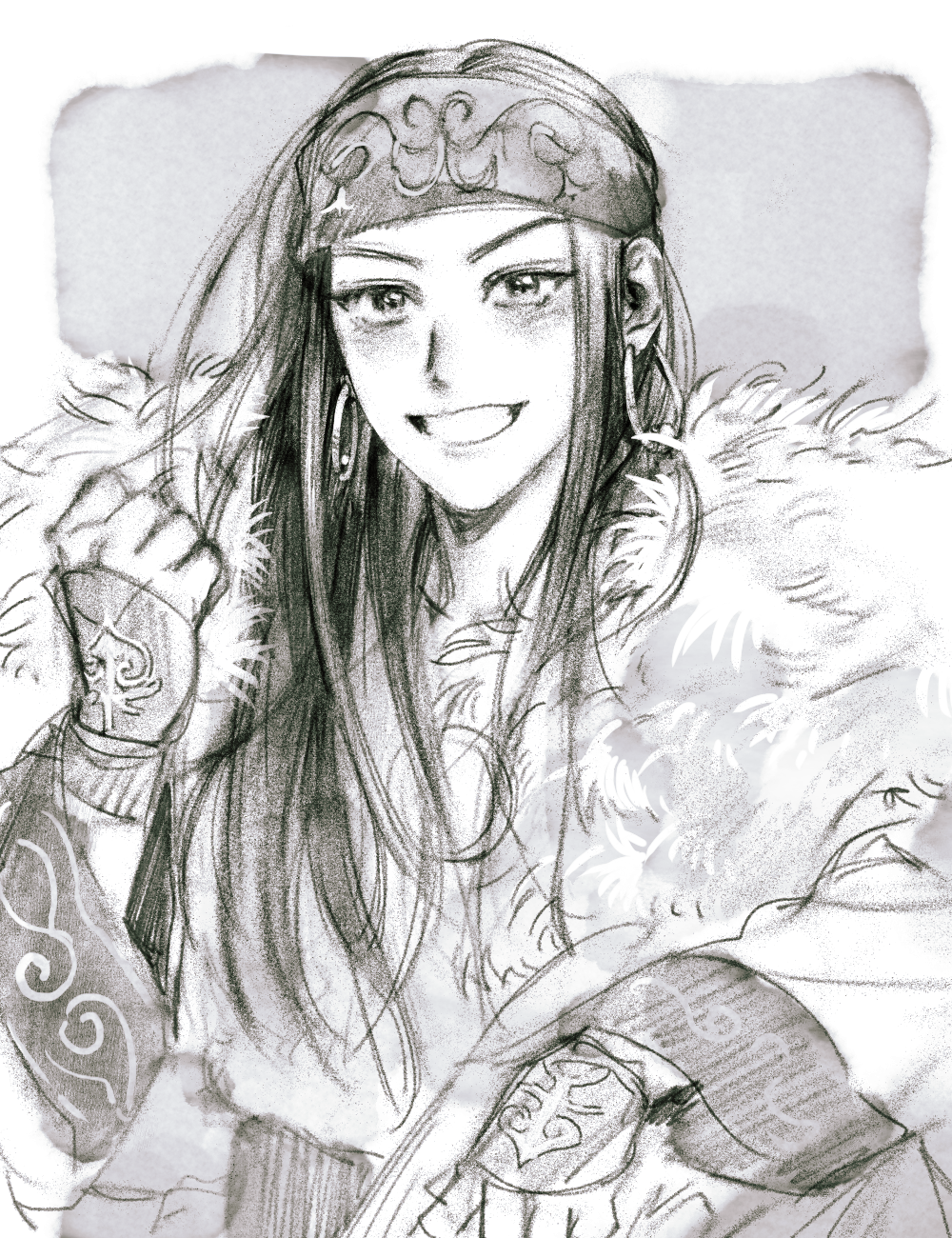 1girl 500gk ainu_clothes asirpa black_hair blush clenched_hand earrings fur_trim golden_kamuy greyscale headband highres hoop_earrings jewelry long_hair long_sleeves looking_at_viewer monochrome smile solo upper_body