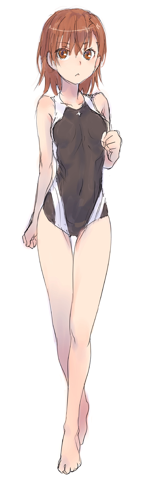 1girl :&lt; arm_at_side bangs bare_shoulders barefoot black_swimsuit bob_cut breasts brown_eyes brown_hair clenched_hands collarbone covered_navel full_body hair_between_eyes hand_up highres looking_at_viewer misaka_mikoto one-piece_swimsuit raika9 short_hair simple_background sketch small_breasts solo standing swimsuit thigh_gap toaru_kagaku_no_railgun toaru_majutsu_no_index walking white_background
