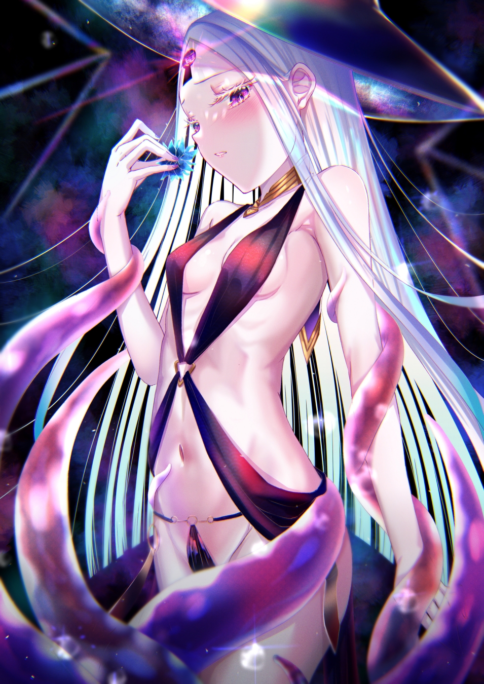 1girl abigail_williams_(fate) bangs black_headwear black_swimsuit blush breasts colored_skin criss-cross_halter fate/grand_order fate_(series) flower forehead halterneck hat highres jewelry keyhole kinom_(sculpturesky) long_hair looking_at_viewer navel neck_ring parted_bangs red_eyes small_breasts swimsuit tentacles thighs third_eye white_hair white_skin witch_hat