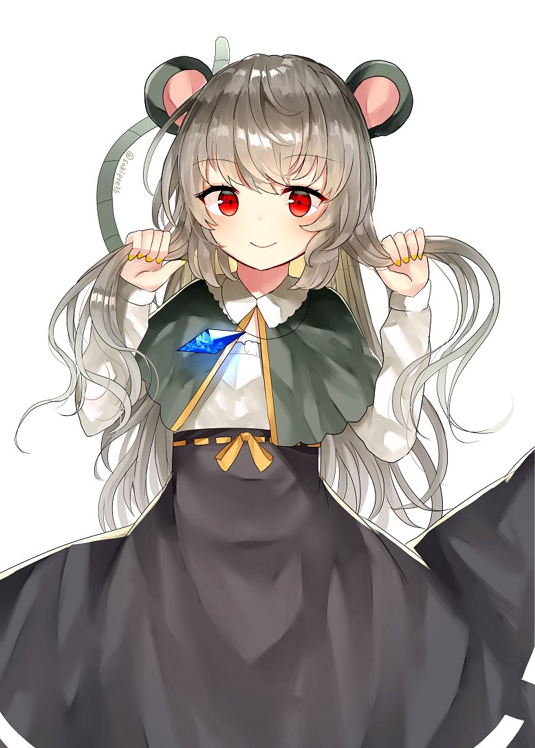 1girl alternate_hair_length alternate_hairstyle animal_ears bangs black_skirt blush capelet collared_shirt commentary_request eyebrows_visible_through_hair grey_hair holding holding_hair jewelry long_hair long_sleeves looking_at_viewer mouse_ears mouse_tail nazrin pendant red_eyes ribbon-trimmed_skirt ribbon_trim sakizaki_saki-p shirt sidelocks simple_background skirt smile solo standing tail touhou twintails_day twitter_username upper_body white_background white_shirt wing_collar
