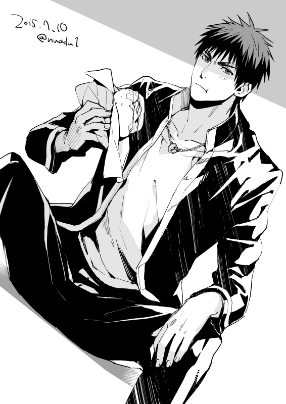 1boy :t burger commentary_request eating eyebrows food greyscale holding holding_food jewelry kagami_taiga kuroko_no_basuke long_sleeves male_focus monochrome necklace open_clothes pants ring_necklace school_uniform shirt short_hair sitting solo torisu