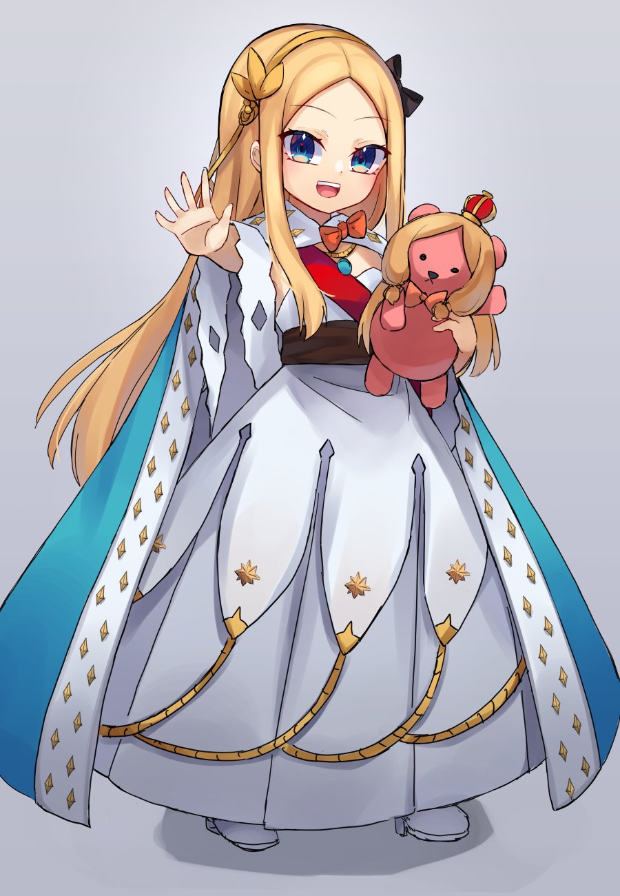 1girl abigail_williams_(fate) anastasia_(fate) anastasia_(fate)_(cosplay) bangs blonde_hair blue_cloak blue_eyes blush breasts cloak cosplay dress fate/grand_order fate_(series) forehead full_body fur_trim hairband highres jewelry long_hair looking_at_viewer miya_(miyaruta) necklace open_mouth outstretched_arm parted_bangs pendant small_breasts smile stuffed_animal stuffed_toy teddy_bear white_dress
