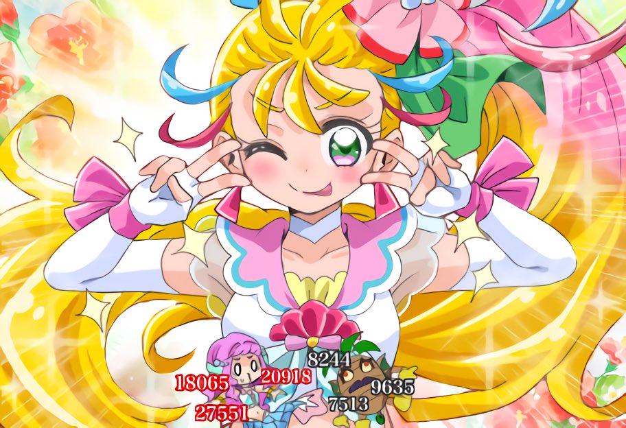 2girls blonde_hair cure_summer damage_numbers double_v emotional_engine_-_full_drive fairouz_ai green_eyes kinkuri_(axsc8mjrt) laura_la_mer long_hair mermaid monster_girl multiple_girls natsuumi_manatsu one_eye_closed pink_hair precure side_ponytail tongue tongue_out tropical-rouge!_precure v voice_actor_connection