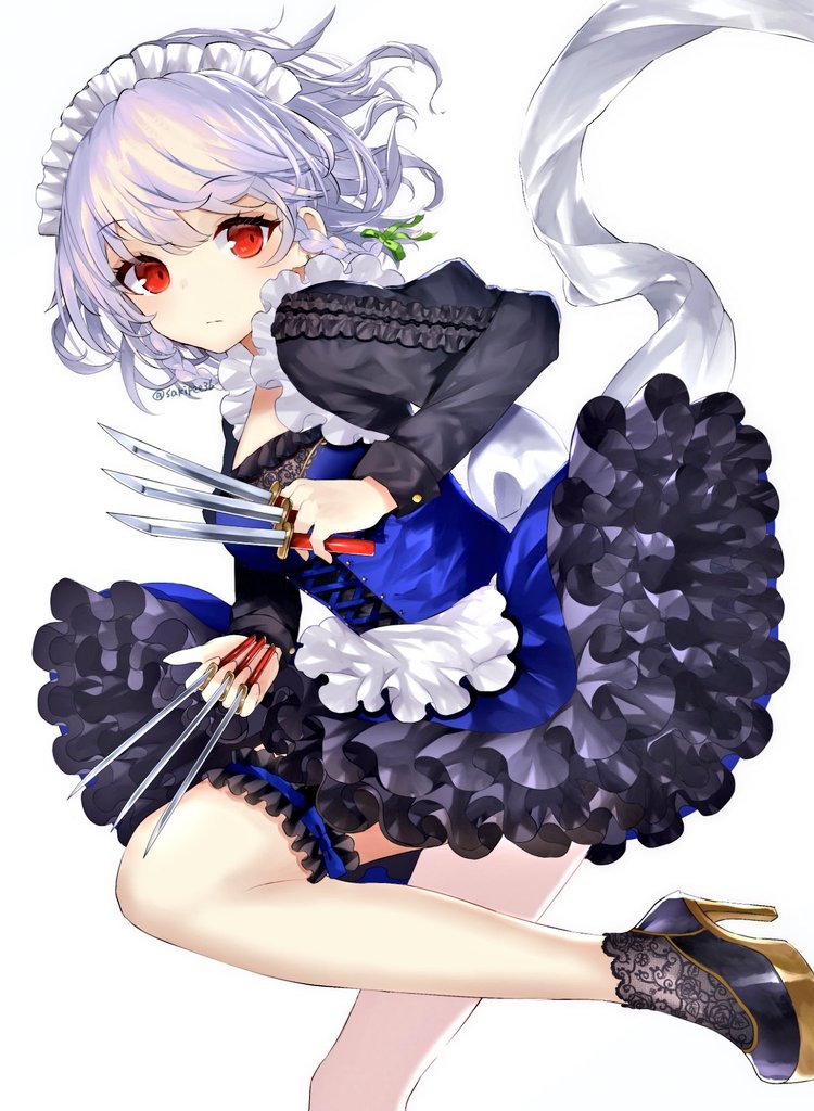 1girl :/ alternate_costume apron back_bow bangs between_fingers black_dress black_footwear bow braid breasts commentary_request dress eyebrows_visible_through_hair frilled_apron frills green_ribbon hair_between_eyes hair_ribbon high_heels holding holding_knife izayoi_sakuya knife knives_between_fingers long_sleeves looking_at_viewer maid maid_headdress medium_breasts red_eyes ribbon sakizaki_saki-p short_hair simple_background solo standing standing_on_one_leg thigh_strap touhou tress_ribbon twin_braids white_apron white_background white_bow