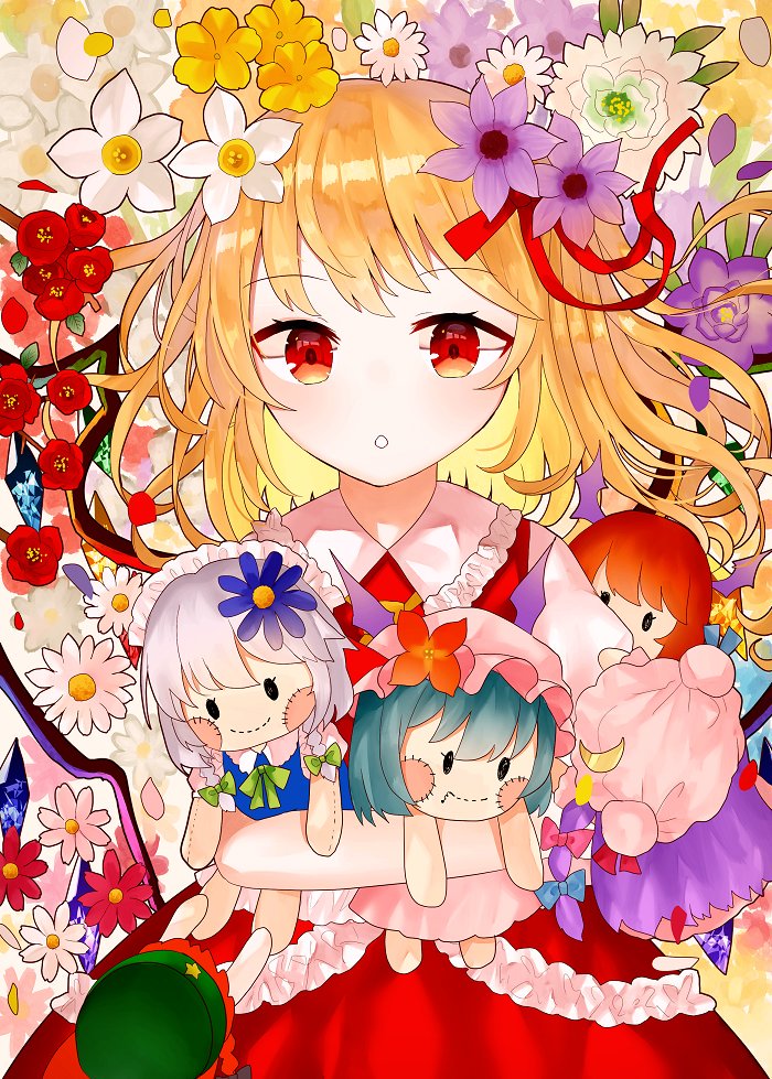 1girl bangs beret blue_bow blue_flower blush bow braid character_doll commentary_request crystal flower green_headwear hair_flower hair_ornament hair_ribbon hat hat_ornament hat_ribbon hong_meiling izayoi_sakuya koakuma long_hair looking_at_viewer maid_headdress mob_cap open_mouth patchouli_knowledge pointy_ears puffy_short_sleeves puffy_sleeves purple_flower purple_hair red_bow red_eyes red_flower red_ribbon red_skirt red_vest redhead remilia_scarlet ribbon sakizaki_saki-p short_sleeves skirt solo standing star_(symbol) star_hat_ornament touhou tress_ribbon twin_braids upper_body vest white_flower wings yellow_neckwear
