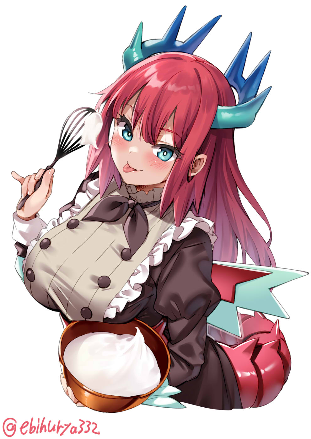 1girl :p aqua_eyes bangs black_neckwear black_ribbon blush bowl breasts copyright_request cream dragon_girl dragon_horns dragon_tail ebifurya eyebrows_visible_through_hair food highres holding holding_bowl horns large_breasts long_hair long_sleeves looking_at_viewer puffy_long_sleeves puffy_sleeves redhead ribbon simple_background solo tail tongue tongue_out twitter_username white_background
