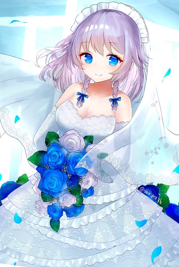 1girl alternate_costume bangs blue_eyes blue_flower blue_ribbon blue_rose bouquet bow braid breasts bridal_veil collarbone commentary_request dress elbow_gloves eyebrows_visible_through_hair flower gloves hair_ribbon holding holding_bouquet izayoi_sakuya looking_at_viewer maid_headdress medium_breasts medium_hair petals ribbon rose sakizaki_saki-p silver_hair smile solo standing touhou tress_ribbon twin_braids twitter_username upper_body veil wedding_dress white_dress white_flower white_gloves white_rose