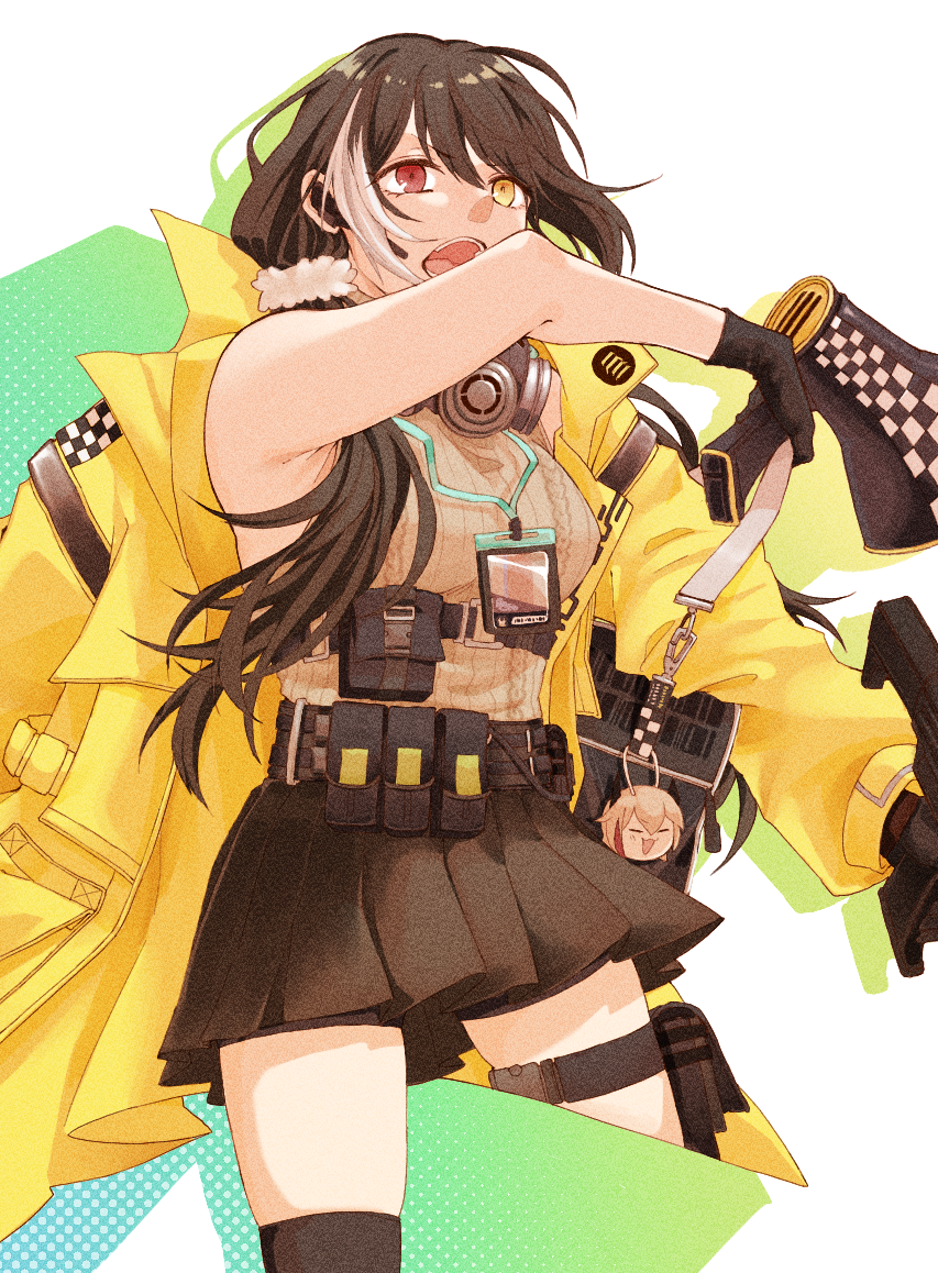 1girl ammunition_belt belt black_gloves black_hair black_skirt brown_sweater_vest eyebrows_visible_through_hair feet_out_of_frame gas_mask girls_frontline gloves gun heterochromia holding holding_gun holding_megaphone holding_weapon jacket long_hair looking_at_viewer mask mask_around_neck megaphone multicolored_hair open_clothes open_jacket open_mouth rabb_horn red_eyes ro635_(girls'_frontline) simple_background skirt solo standing weapon yellow_eyes yellow_jacket