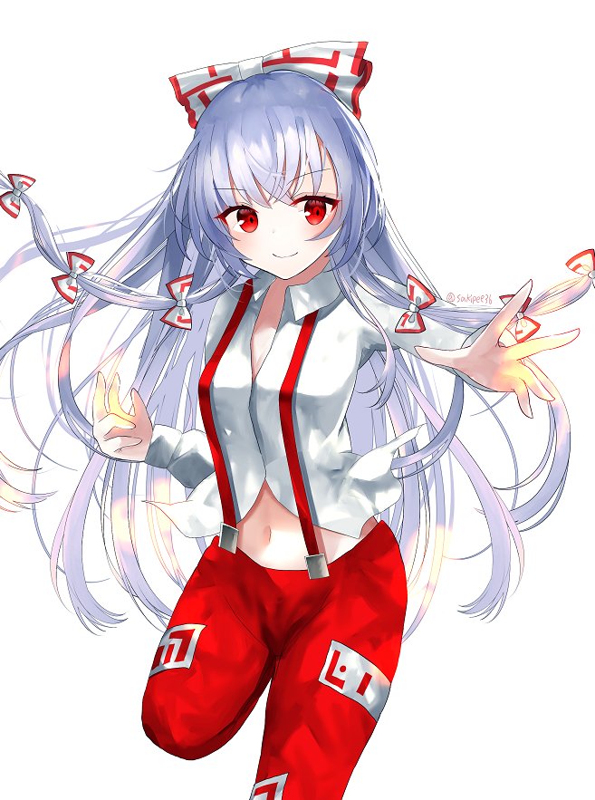 1girl bangs black_background bow breasts collared_shirt commentary_request eyebrows_visible_through_hair feet_out_of_frame fire flaming_hand folded_leg fujiwara_no_mokou hair_bow long_hair long_sleeves looking_at_viewer medium_breasts navel ofuda ofuda_on_clothes pants pyrokinesis red_pants sakizaki_saki-p shirt sidelocks silver_hair simple_background smile solo standing standing_on_one_leg stomach suspenders touhou twitter_username white_background wing_collar wrist_cuffs