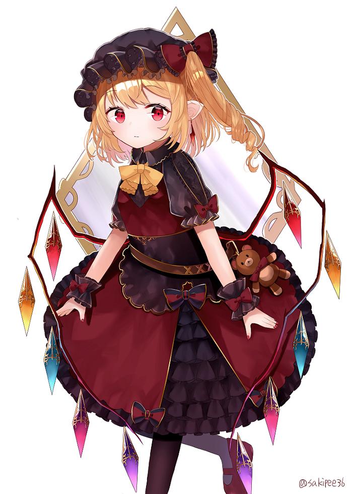 1girl :| alternate_costume bangs belt black_dress black_legwear blonde_hair blush bow breasts brown_belt closed_mouth commentary_request crystal curly_hair dress dress_bow earrings eyebrows_visible_through_hair flandre_scarlet foot_out_of_frame frilled_bow frills hat hat_ribbon jewelry looking_at_viewer mob_cap pointy_ears puffy_short_sleeves puffy_sleeves red_eyes red_nails red_ribbon ribbon sakizaki_saki-p short_sleeves side_ponytail simple_background skirt small_breasts solo standing stuffed_animal stuffed_toy teddy_bear thigh-highs touhou twitter_username white_background wings wrist_cuffs