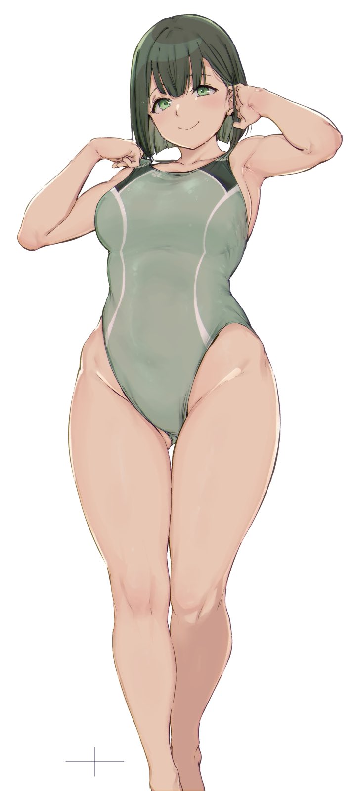 1girl alp ass_visible_through_thighs bare_arms bare_shoulders black_hair bob_cut breasts closed_mouth competition_swimsuit curvy feet_out_of_frame green_eyes green_swimsuit groin hair_tucking highleg highleg_swimsuit highres hip_bones legs looking_at_viewer medium_breasts narrow_waist one-piece_swimsuit original short_hair simple_background skin_tight smile solo swimsuit thick_thighs thigh_gap thighs white_background wide_hips