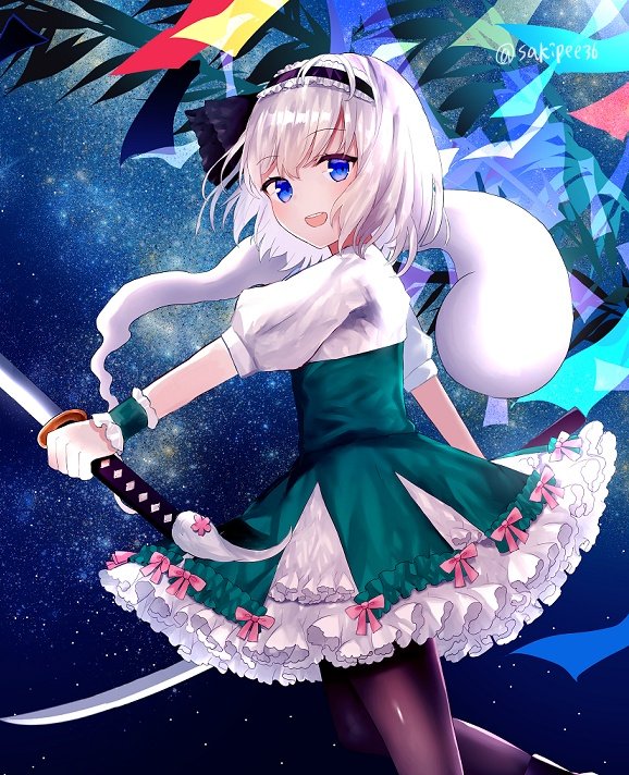 1girl adapted_costume bangs black_hairband black_legwear blue_eyes blush bow breasts commentary_request dress dress_bow dual_wielding eyebrows_visible_through_hair frilled_hairband frilled_skirt frills green_dress hairband hitodama holding katana konpaku_youmu konpaku_youmu_(ghost) looking_at_viewer medium_breasts open_mouth pink_bow puffy_short_sleeves puffy_sleeves sakizaki_saki-p shirt short_hair short_sleeves skirt solo standing sword teeth thigh-highs touhou twitter_username upper_teeth weapon white_shirt wrist_cuffs