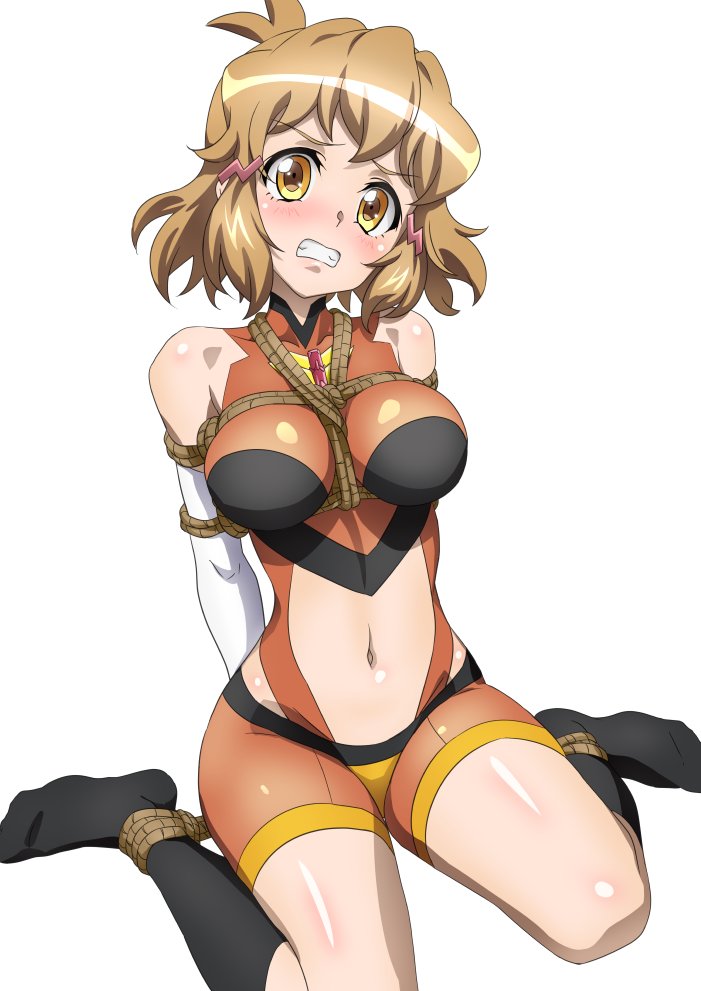 1girl arms_behind_back bodysuit bound breast_bondage breasts brown_eyes brown_hair clenched_teeth clothing_cutout elbow_gloves fujikawa_daichi gloves hair_ornament hairclip medium_breasts navel rope senki_zesshou_symphogear sitting stomach_cutout tachibana_hibiki_(symphogear) teeth wariza white_background