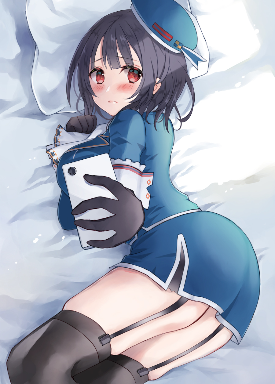 1girl bangs bed bed_sheet black_gloves black_hair black_legwear blue_headwear blue_skirt blush breasts cellphone closed_mouth commission eyebrows_visible_through_hair garter_straps gloves hat hatomaru_(hatomaru56) highres holding holding_phone kantai_collection large_breasts long_sleeves looking_at_viewer lying miniskirt on_bed on_side phone pillow red_eyes selfie short_hair skeb_commission skirt smartphone solo takao_(kancolle) thigh-highs