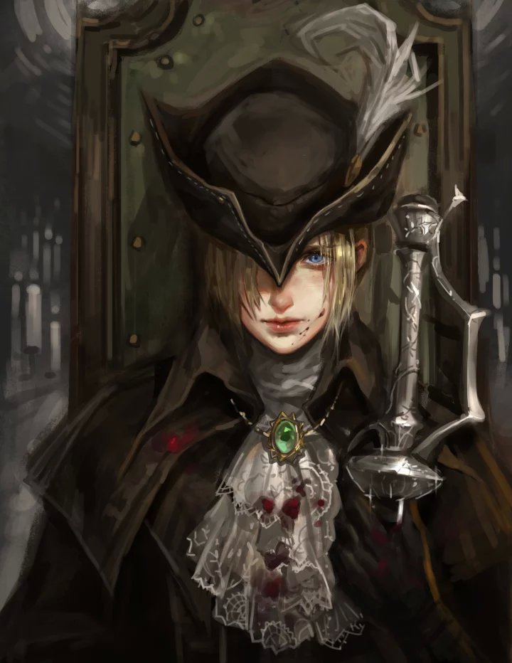 1girl ascot blonde_hair bloodborne blue_eyes cape coat gem gloves hat hat_feather holding jiangweizh12345 lady_maria_of_the_astral_clocktower long_hair looking_at_viewer ponytail rakuyo_(bloodborne) simple_background solo sword the_old_hunters tricorne weapon