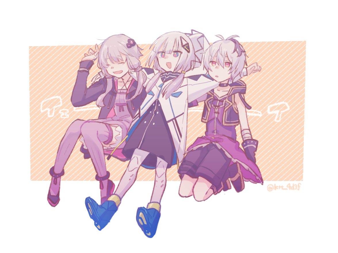 3girls anklet arms_around_neck bandaged_arm bandages black_dress blue_footwear border bracelet cevio choker closed_eyes coat collarbone commentary criss-cross_halter dress expressionless flower_(vocaloid) full_body gloves hair_ornament hair_tubes halterneck hand_up hood hooded_jacket hug jacket jewelry kafu_(cevio) kilt mi_no_take multicolored_hair multiple_girls open_mouth orange_background purple_dress purple_footwear purple_gloves purple_hair purple_jacket purple_legwear purple_shorts short_hair short_hair_with_long_locks shorts sleeveless sleeveless_jacket smile streaked_hair thigh-highs translated twitter_username two-tone_hair v_flower_(vocaloid4) violet_eyes vocaloid voiceroid white_border white_coat white_hair white_legwear yuzuki_yukari