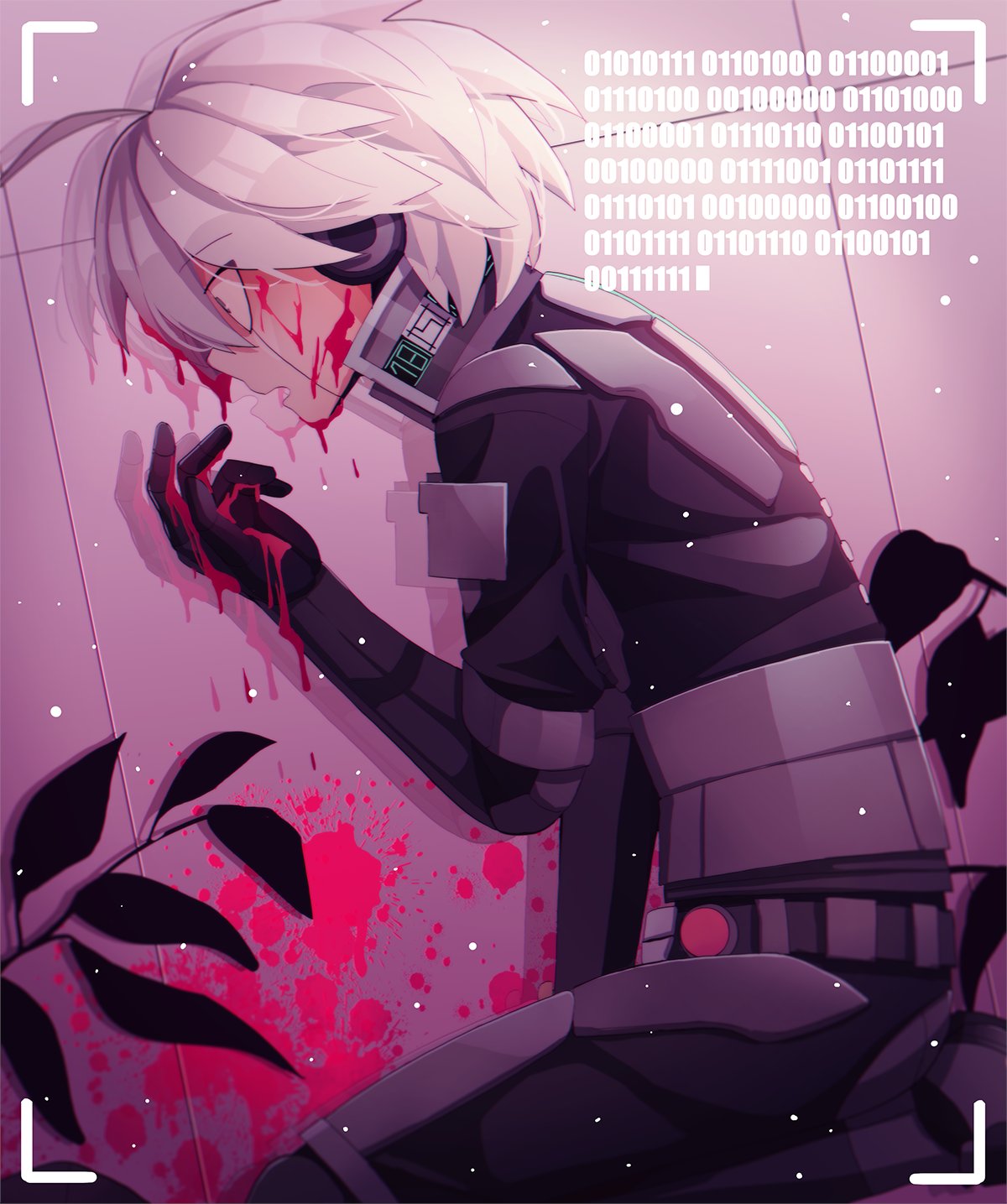 1boy ahoge android arm_support bangs binary black_jacket blood blood_on_face blood_on_wall cheer_(cheerkitty14) danganronpa_(series) danganronpa_v3:_killing_harmony eyebrows_visible_through_hair from_side grey_hair hand_up highres jacket keebo male_focus pink_blood plant potted_plant profile seiza shiny shiny_hair short_hair sitting translation_request wide-eyed