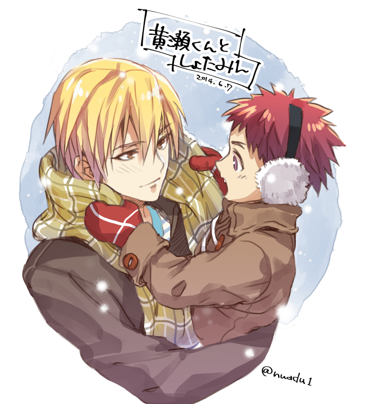 2boys blonde_hair carrying child coat commentary_request dated earmuffs kagami_taiga kise_ryouta kuroko_no_basuke long_sleeves looking_at_another male_focus mittens multiple_boys red_eyes redhead scarf short_hair smile time_paradox torisu winter_clothes winter_coat yellow_eyes younger