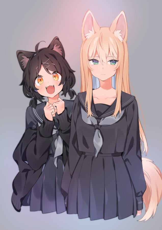 2girls :3 :| ahoge akagashi_hagane animal_ear_fluff animal_ears arms_at_sides bangs black_blouse black_cardigan black_hair black_sailor_collar black_serafuku black_skirt blonde_hair blouse blush cardigan cat_ears clenched_hands closed_mouth clothes_down collarbone cowboy_shot cropped_legs dog_ears dog_girl dog_tail dot_nose expressionless eyebrows_visible_through_hair eyes_visible_through_hair fangs gradient_eyes green_eyes grey_background grey_neckwear hair_between_eyes hair_ornament hands_up long_hair long_sleeves looking_at_viewer low_twintails multicolored multicolored_eyes multiple_girls neckerchief open_cardigan open_clothes open_mouth original pleated_skirt sailor_collar school_uniform serafuku short_hair short_twintails simple_background skirt slit_pupils standing straight-on swept_bangs tail tareme tsurime twintails x_hair_ornament yellow_eyes