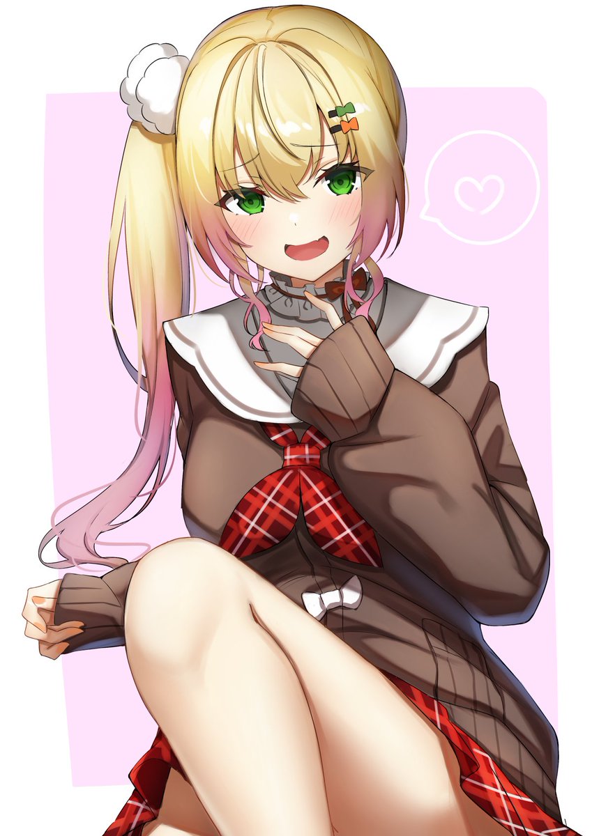 1girl bangs blonde_hair blush breasts brown_sweater commentary_request eyebrows_visible_through_hair eyes_visible_through_hair gradient_hair green_eyes hair_between_eyes hair_ornament heart highres hololive long_sleeves looking_at_viewer menmen_(ijnwfpaihpufxox) momosuzu_nene multicolored_hair nail_polish neckerchief open_mouth pink_hair plaid plaid_neckwear plaid_skirt pom_pom_(clothes) pom_pom_hair_ornament red_neckwear red_skirt side_ponytail simple_background skirt sleeves_past_wrists smile solo spoken_heart sweater virtual_youtuber