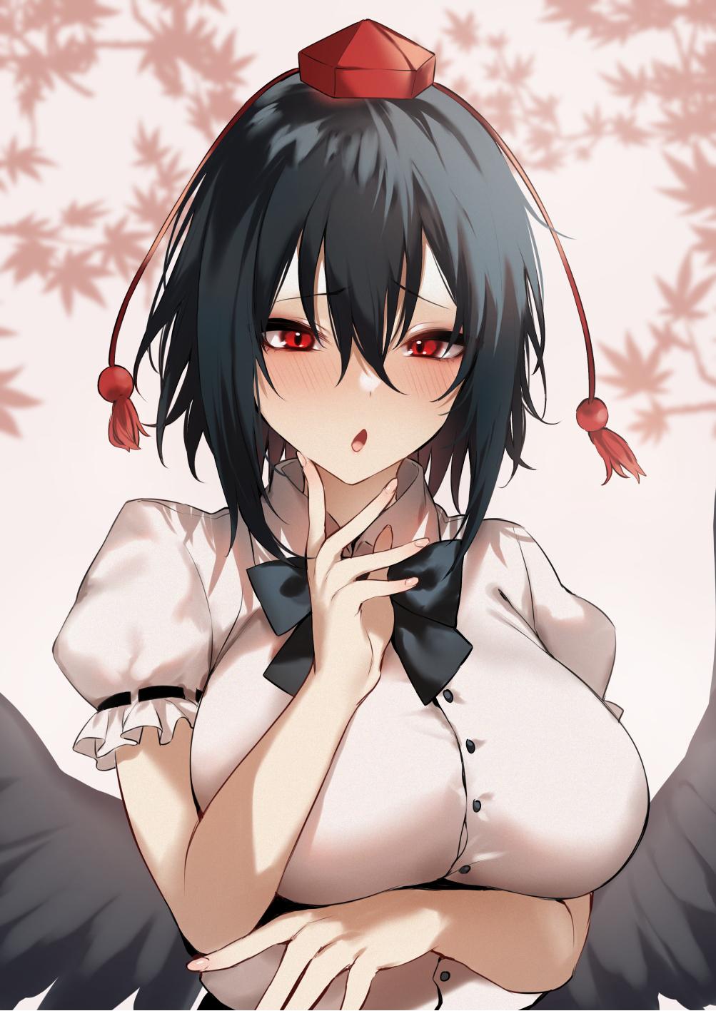 1girl autumn_leaves bangs bird_wings black_neckwear black_ribbon black_wings blurry blurry_background blush breast_hold breasts buttons collared_shirt commentary_request eyebrows_visible_through_hair feathered_wings fingernails furrowed_brow hair_between_eyes hat highres iriehana large_breasts looking_at_viewer open_mouth puffy_short_sleeves puffy_sleeves red_eyes ribbon shameimaru_aya shirt short_hair short_sleeves sidelocks solo standing tokin_hat touhou upper_body wing_collar wings