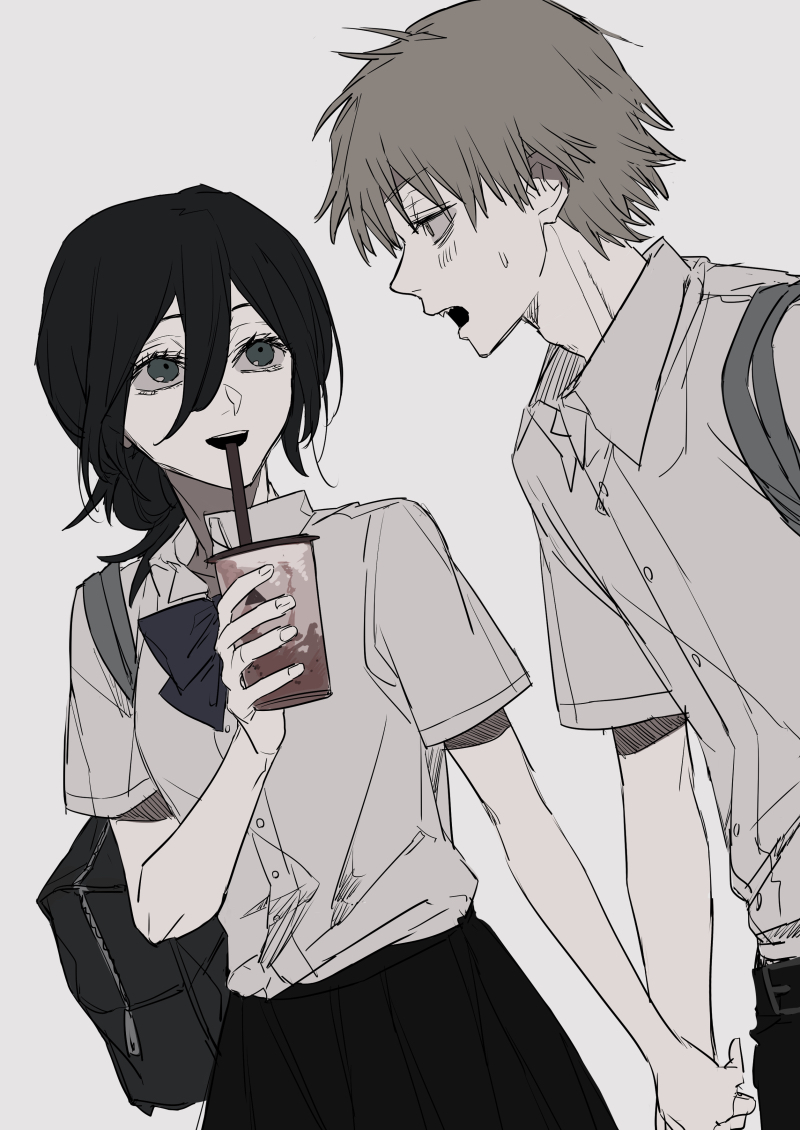 1boy 1girl :d bag black_hair black_skirt blonde_hair blue_bow blue_neckwear bow bowtie chainsaw_man cup denji_(chainsaw_man) disposable_cup dress_shirt drinking_straw ebanoniwa green_eyes grey_shirt hair_between_eyes hair_bun holding holding_cup holding_hands open_mouth pleated_skirt reze_(chainsaw_man) sharp_teeth shirt short_sleeves shoulder_bag simple_background skirt smile sweatdrop teeth white_background wing_collar