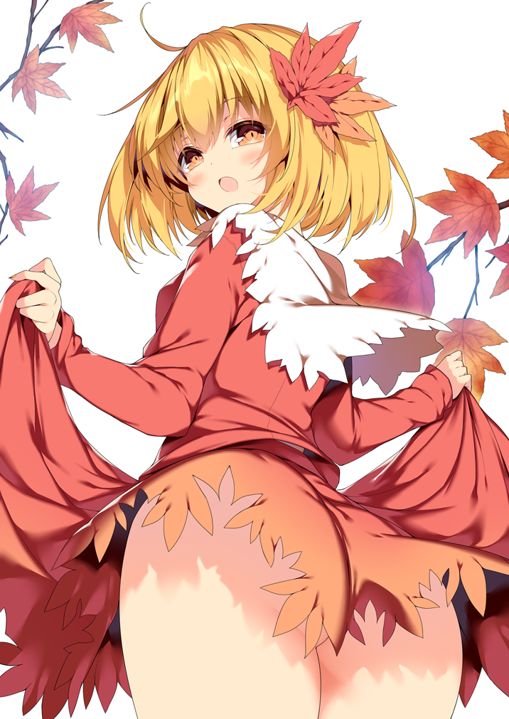 1girl :o ahoge aki_shizuha ass autumn_leaves bangs blonde_hair blush branch breasts clothes_lift convenient_censoring dress eyebrows_visible_through_hair fingernails from_below hair_ornament leaf_hair_ornament long_sleeves looking_at_viewer looking_back medium_breasts open_mouth orange_eyes red_dress sakurame short_hair simple_background skirt skirt_lift solo standing thighs touhou white_background