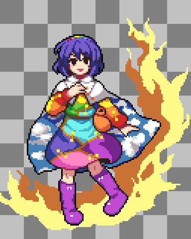 1girl :d bag bangs boots cape checkered checkered_background full_body grey_background long_sleeves looking_at_viewer lowres mirukuro092 multicolored multicolored_clothes multicolored_hairband open_mouth patchwork_clothes pixel_art purple_footwear short_hair sky_print smile solo standing tenkyuu_chimata touhou violet_eyes white_cape