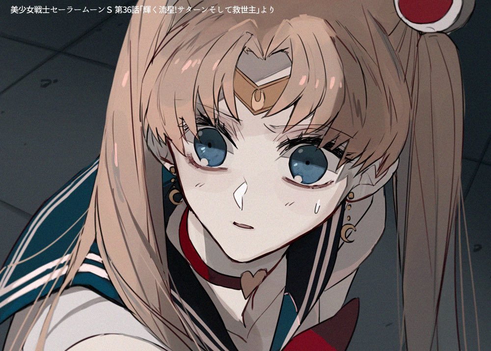 1girl bishoujo_senshi_sailor_moon blonde_hair blue_eyes blue_sailor_collar choker crescent crescent_earrings derivative_work earrings ebanoniwa from_side headband heart heart_choker jewelry looking_at_viewer looking_to_the_side pale_skin parted_lips red_choker sailor_collar sailor_moon sailor_moon_redraw_challenge school_uniform screencap_redraw serafuku shirt solo tsukino_usagi twintails white_shirt wide-eyed