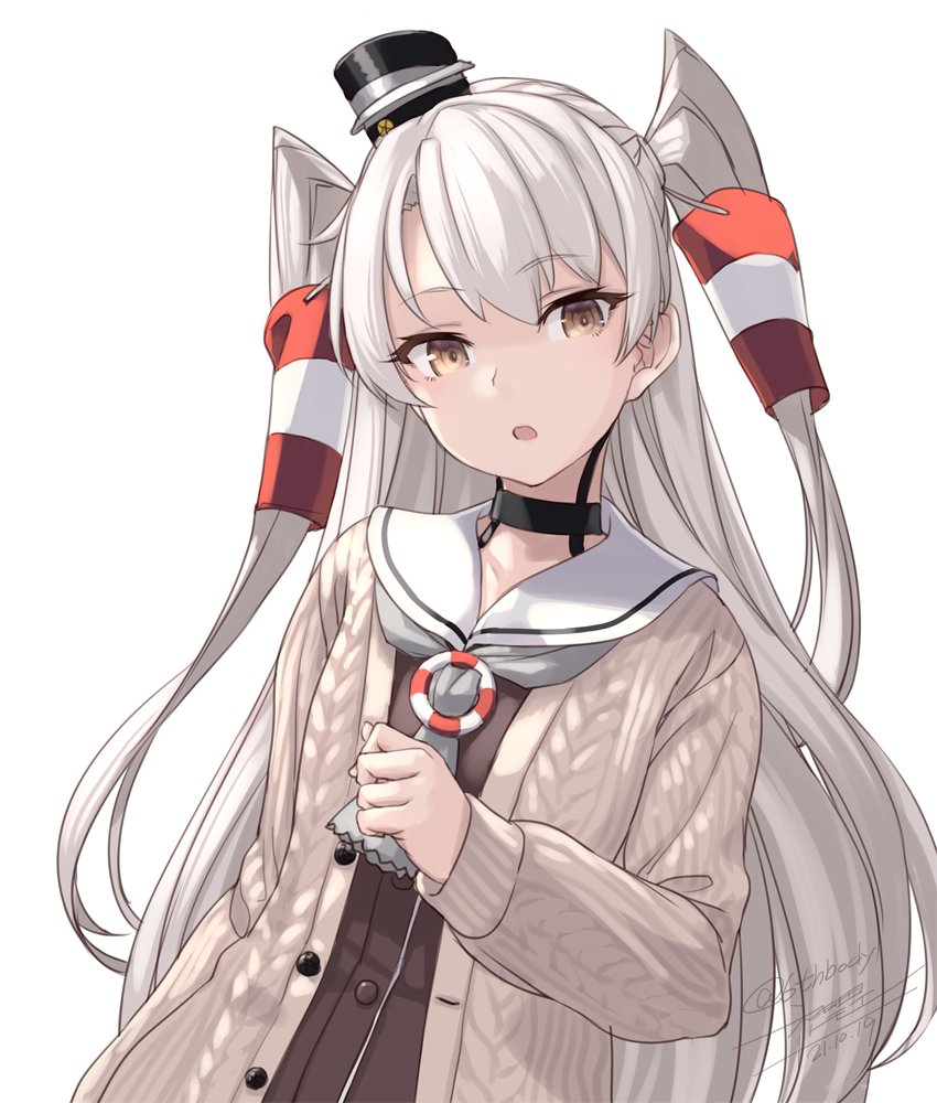 1girl amatsukaze_(kancolle) artist_name black_dress brown_eyes buttons cardigan dated dress eyebrows_visible_through_hair hair_tubes kantai_collection long_hair long_sleeves open_cardigan open_clothes open_mouth rokuwata_tomoe sailor_collar sailor_dress signature silver_hair solo twitter_username two_side_up upper_body white_sailor_collar windsock
