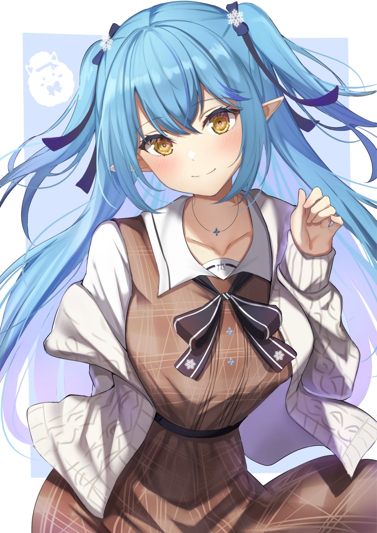 1girl bangs black_bow blue_hair blush bow breasts brown_dress cardigan closed_mouth commentary_request dress eyebrows_visible_through_hair floating_hair hair_between_eyes hair_ribbon highres hololive large_breasts long_hair long_sleeves looking_at_viewer menmen_(ijnwfpaihpufxox) multicolored_hair off_shoulder official_alternate_costume open_cardigan open_clothes pointy_ears ribbon smile solo streaked_hair two_side_up virtual_youtuber white_cardigan yellow_eyes yukihana_lamy yukimin_(yukihana_lamy)