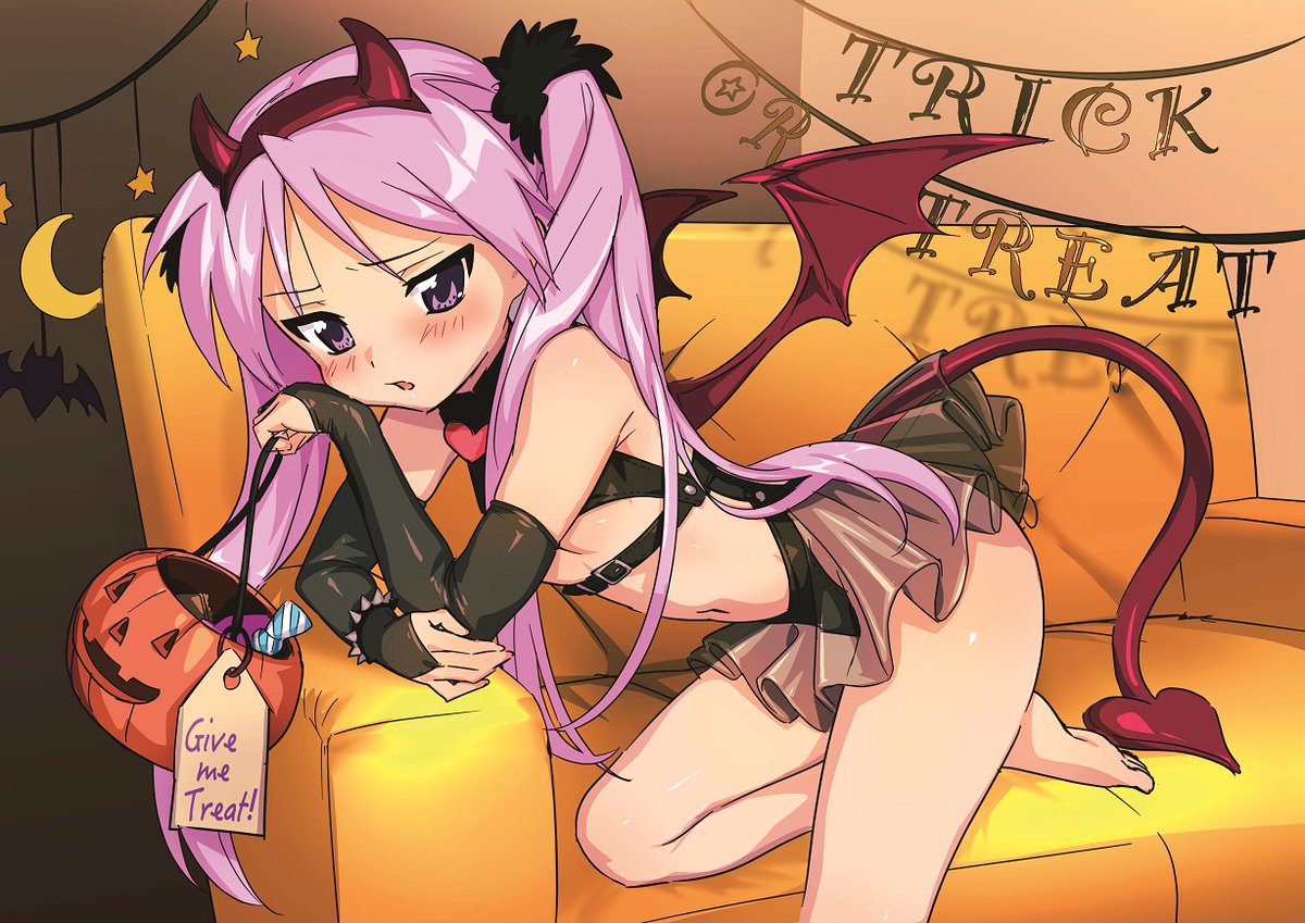 1girl alternate_costume bangs barefoot black_gloves blush breasts candy couch crescent elbow_gloves fake_horns food gloves halloween halloween_bucket halloween_costume heart hiiragi_kagami holding horns hotaru_iori long_hair lucky_star parted_lips pink_hair see-through small_breasts solo spikes tail twintails violet_eyes wings
