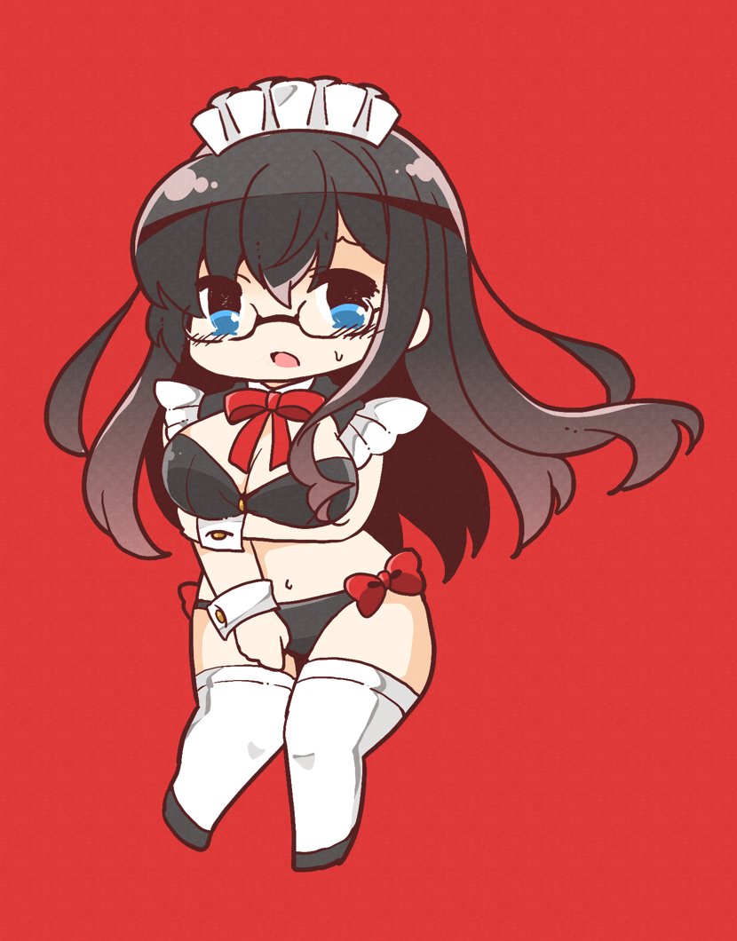 1girl bikini black_bikini black_footwear black_hair bloom2425 blue_eyes boots chibi commentary_request glasses kantai_collection long_hair maid maid_headdress ooyodo_(kancolle) open_mouth red_background semi-rimless_eyewear simple_background solo sweatdrop swimsuit thigh-highs white_legwear