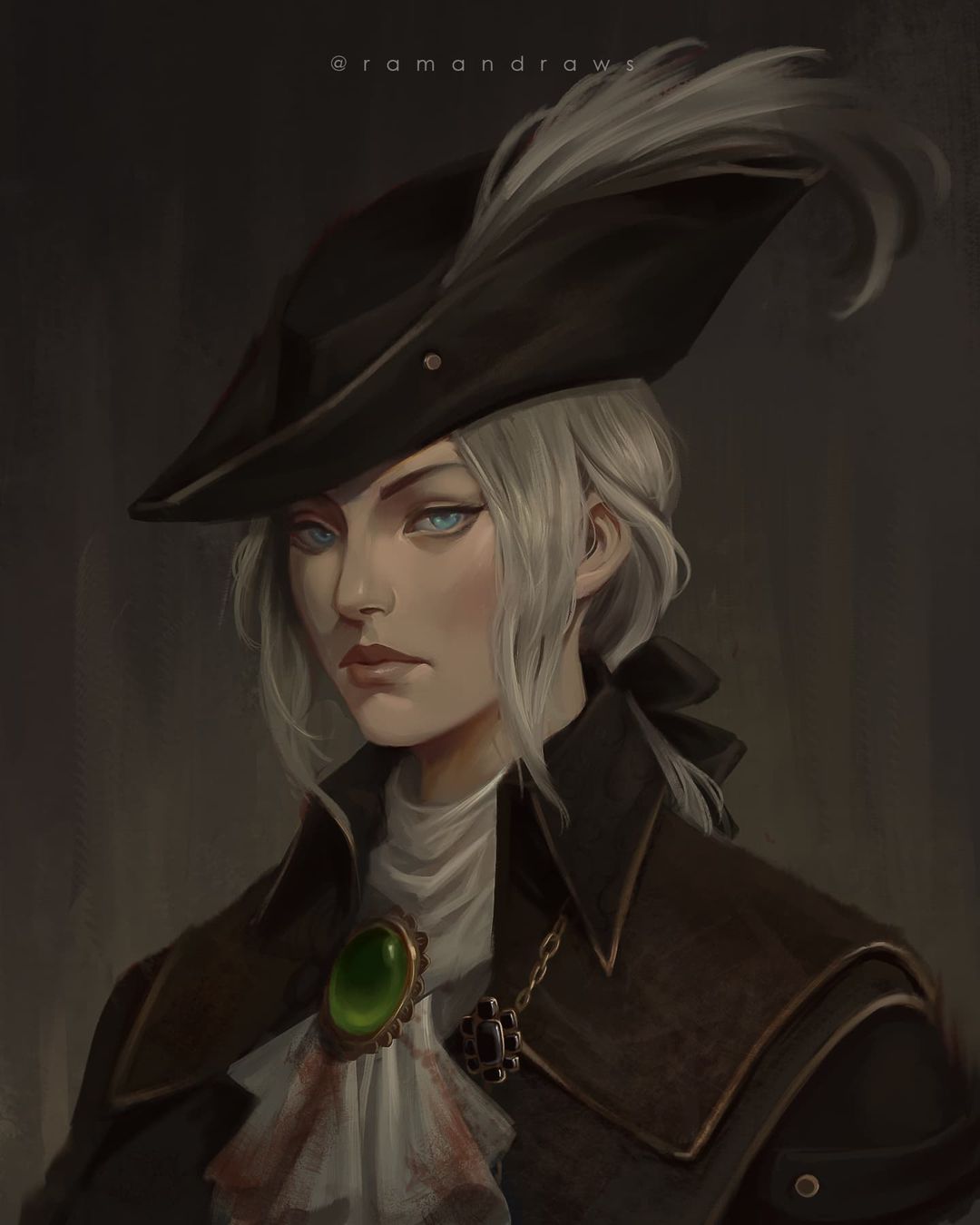1girl artist_name ascot blood blood_on_clothes blood_stain bloodborne blue_eyes bonnet brooch closed_mouth face hat hat_feather highres jewelry lady_maria_of_the_astral_clocktower lips portrait ramandraws silver_hair solo the_old_hunters tricorne