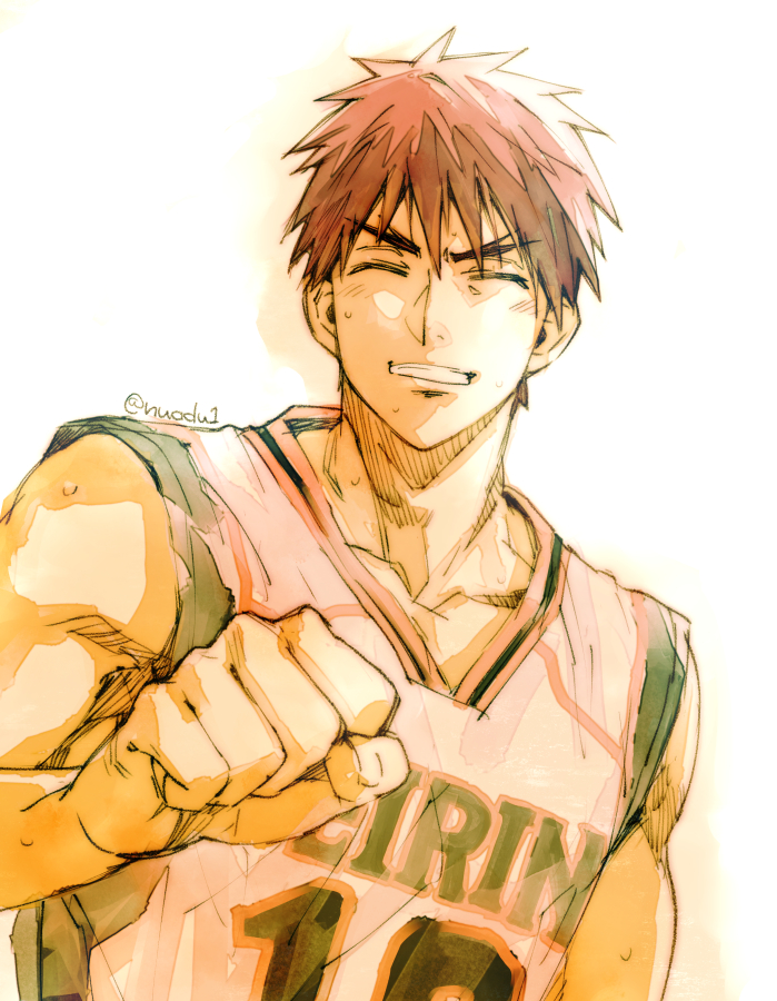 1boy basketball_uniform clenched_hand closed_eyes collarbone commentary_request eyebrows facing_viewer grin kagami_taiga kuroko_no_basuke male_focus redhead short_hair smile solo sportswear teeth toned toned_male torisu upper_body