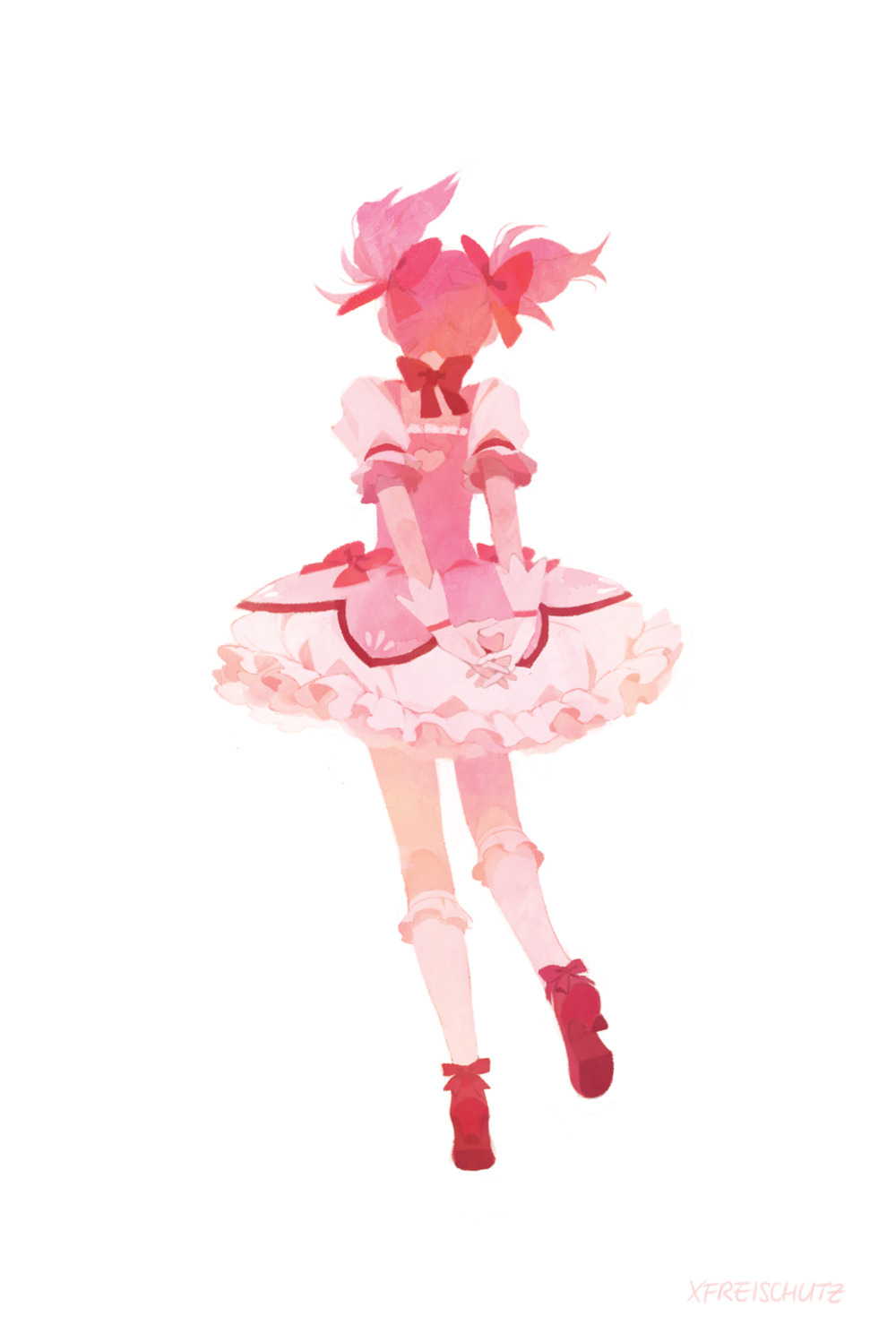 1girl ankle_ribbon arms_behind_back artist_name back_cutout bobby_socks bow bubble_skirt choker clothing_cutout elbow_blush facing_away floating_hair foot_up freichou frilled_skirt frilled_sleeves frills from_behind full_body gloves hair_ribbon heart_cutout highres interlocked_fingers kaname_madoka layered_skirt legs_apart mahou_shoujo_madoka_magica own_hands_together pastel_colors pink_hair puffy_sleeves red_bow red_footwear red_ribbon ribbon ribbon_choker shoes short_twintails simple_background skirt socks solo twintails waist_bow white_background white_gloves white_legwear white_skirt