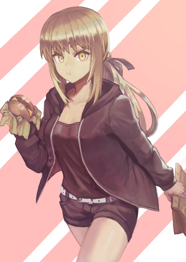 1girl artoria_pendragon_(fate) bag belt belt_buckle blonde_hair breasts buckle burger commentary_request cowboy_shot denim denim_shorts eating fate/grand_order fate_(series) food holding holding_bag holding_food hood hood_down hoodie jacket janoukyo19 long_hair long_sleeves looking_at_viewer medium_breasts pink_background ponytail saber_alter shorts solo striped striped_background white_background yellow_eyes