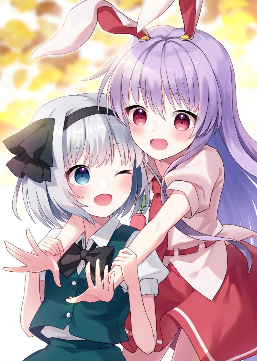 2girls :d ;d animal_ears bangs black_hairband blue_eyes blush carrot_pin collared_shirt eyebrows_visible_through_hair hairband highres hug hug_from_behind konpaku_youmu light_purple_hair long_hair multiple_girls necktie one_eye_closed open_mouth puffy_short_sleeves puffy_sleeves rabbit_ears red_eyes red_neckwear red_skirt reisen_udongein_inaba shirt short_hair short_sleeves sidelocks silver_hair skirt smile suzuno_naru touhou white_shirt wing_collar