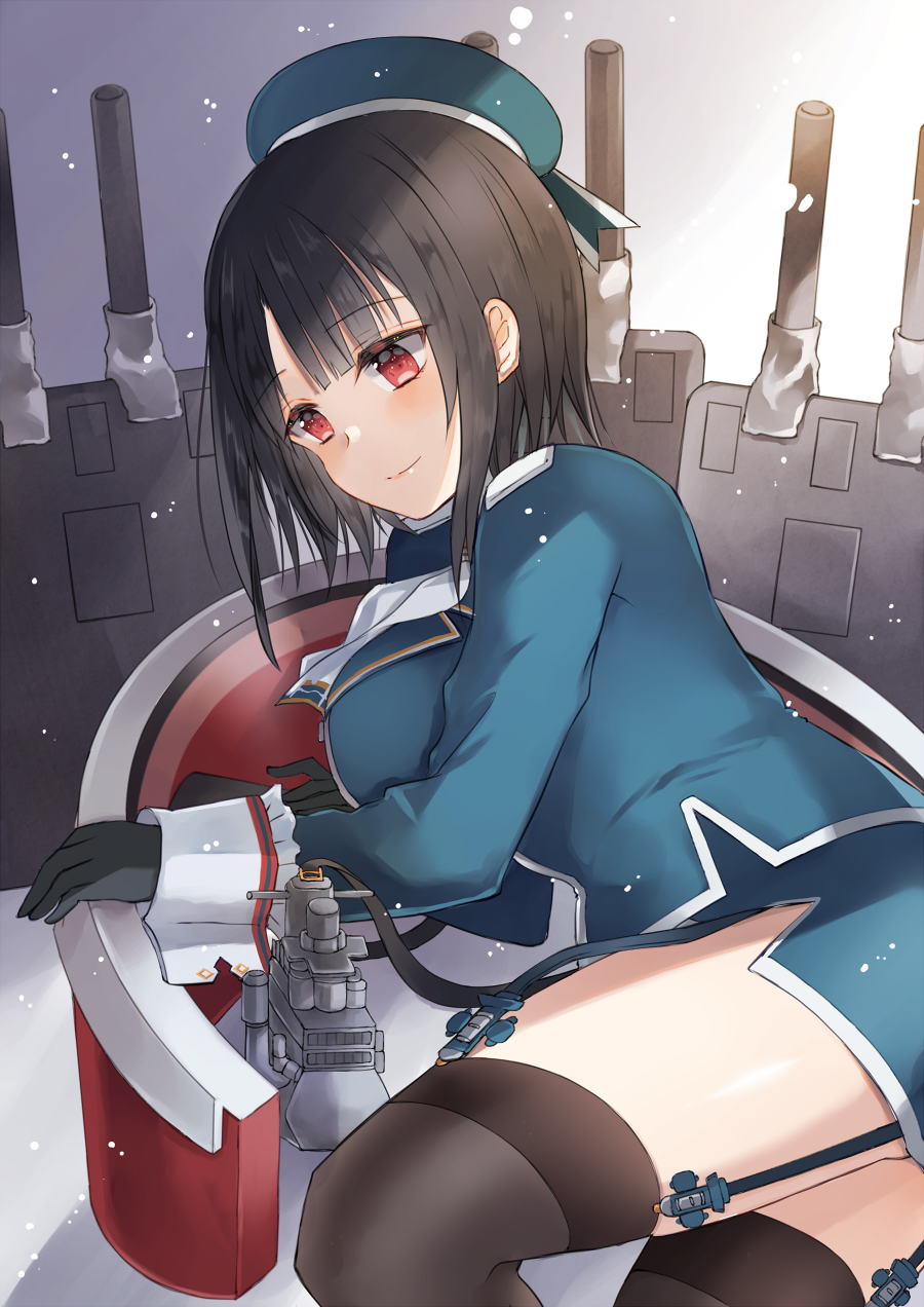 1girl bangs black_gloves black_hair black_legwear blue_headwear blue_skirt blush breasts closed_mouth eyebrows_visible_through_hair garter_straps gloves hat hatomaru_(hatomaru56) highres kantai_collection large_breasts long_sleeves military military_uniform red_eyes rigging short_hair simple_background skirt solo takao_(kancolle) thigh-highs uniform