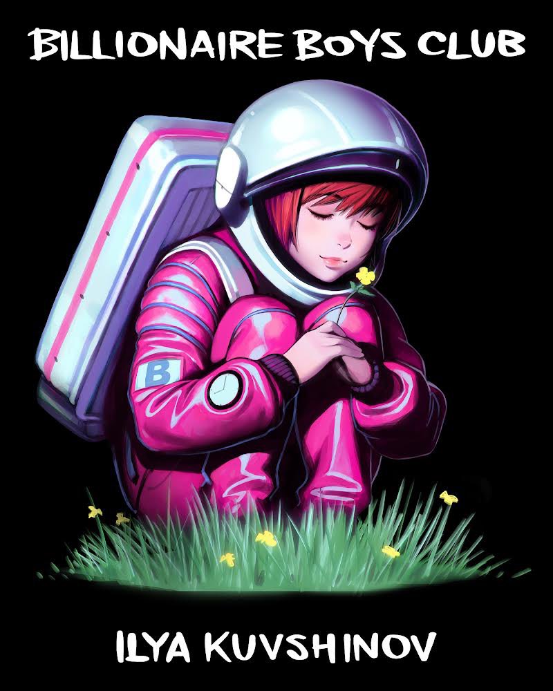 artist_name astronaut backpack bag bangs black_background bodysuit buttercup_(flower) closed_eyes flower grass helmet hugging_own_legs ilya_kuvshinov knees_up original pink_bodysuit redhead sitting smelling_flower yellow_flower