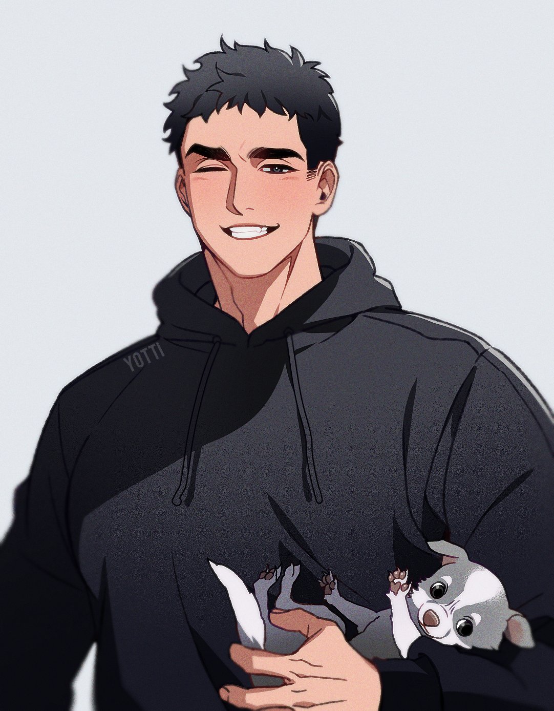 &gt;_o 1boy ;d animal artist_name black_eyes black_hair black_hoodie dog grey_background highres holding holding_animal holding_dog hood hood_down hoodie looking_at_viewer one_eye_closed open_mouth original puppy short_hair smile solo teeth upper_body y9tti